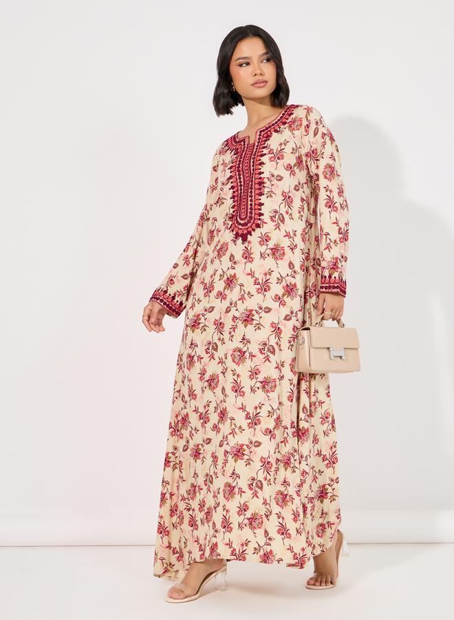Take Two Floral Print Rayon Mukhawar Jalabiya with Handwork - Image 4