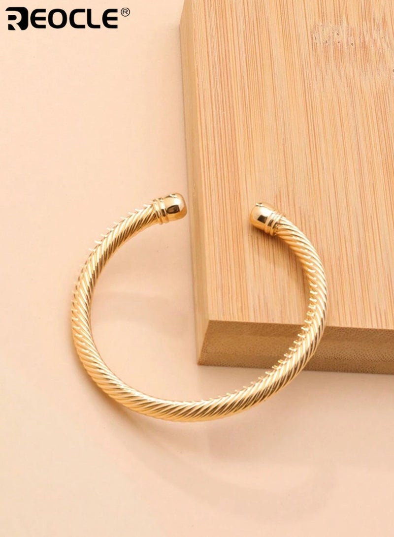 REOCLE Women's Gold-Tone Twisted Cable Bangle Bracelet Minimalist Textured Cuff Sleek Everyday Jewelry for Daily Wear and Special Occasions - Image 3