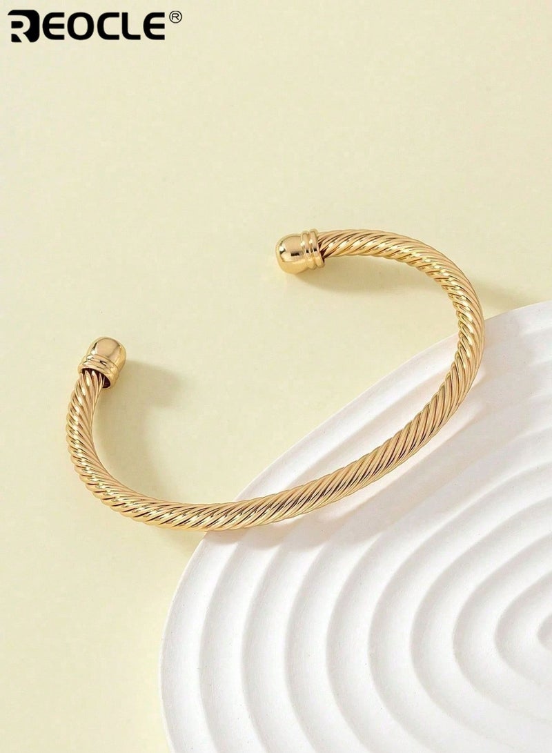 REOCLE Women's Gold-Tone Twisted Cable Bangle Bracelet Minimalist Textured Cuff Sleek Everyday Jewelry for Daily Wear and Special Occasions - Image 5