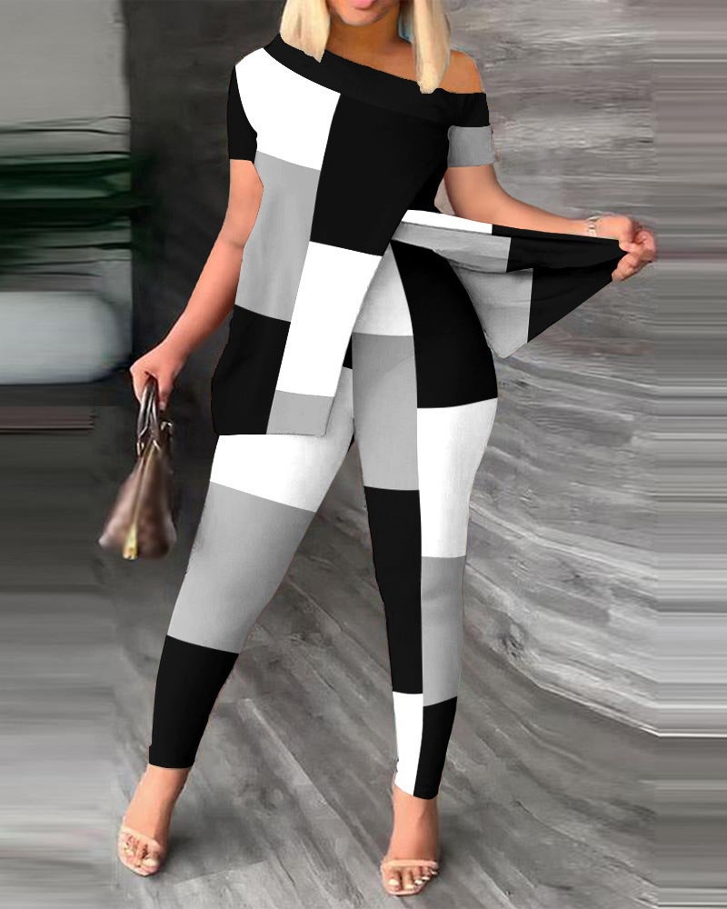 2026 Autumn European and American Women's Fashion Two-Piece Set with Slanted Neckline and Printed Pants