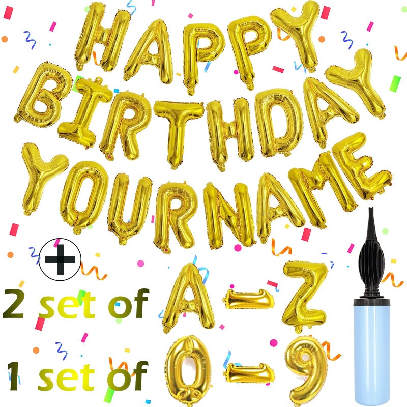 Awfrky 76pcs Happy Birthday Balloon Banner Gold Balloons Letters Personalized 16 Mylar Foil Birthday Decorations includes 2 Sets A Z 1 set Number 09 and HAPPY BIRTHDAY letters with Balloon Pump - Image 3