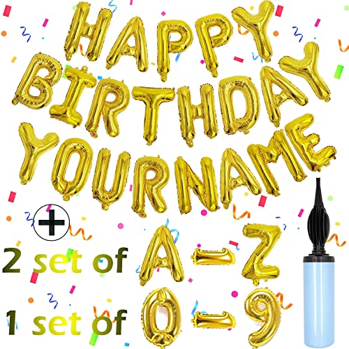 Awfrky 76pcs Happy Birthday Balloon Banner Gold Balloons Letters Personalized 16 Mylar Foil Birthday Decorations includes 2 Sets A Z 1 set Number 09 and HAPPY BIRTHDAY letters with Balloon Pump - Image 1