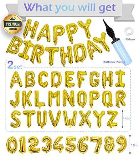Awfrky 76pcs Happy Birthday Balloon Banner Gold Balloons Letters Personalized 16 Mylar Foil Birthday Decorations includes 2 Sets A Z 1 set Number 09 and HAPPY BIRTHDAY letters with Balloon Pump - Image 5