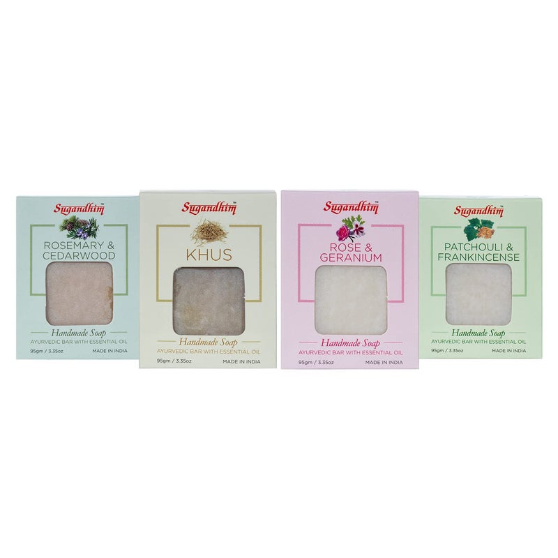 Sugandhim Khus Patchouli Frankincense Rosemary Cedarwood Rose Geranium Handmade Ayurvedic Soap95gmsPack of 4 - Image 1