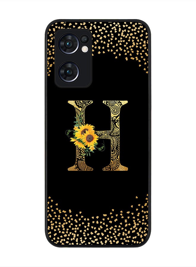 Stylizedd Rugged Black Edge Case for Oppo Reno7 5G , Slim fit Thin Cover -  Custom Monogram Initial Letter Mandala Floral Pattern Alphabet- H (Black) - Image 1