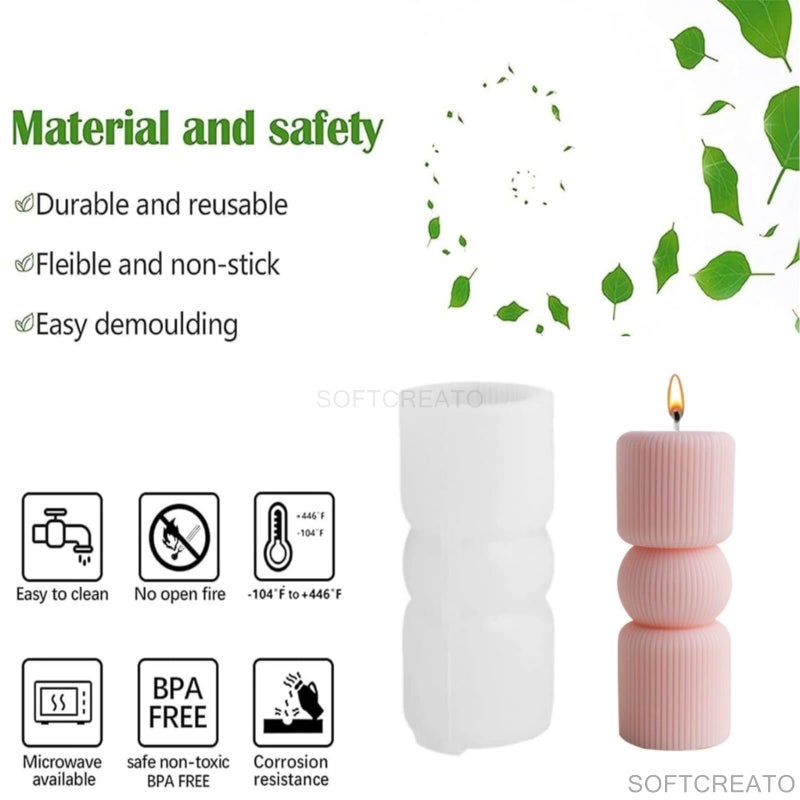 SOFTCREATO Striped Ball Candle Molds I 3D Cylindrical Column Ribbed Striped Pillar Aesthetic Geometric Silicone Wax Mould I for DIY Handmade Ornament Aromatherapy Soap, Resin Art Craft Making - Image 4