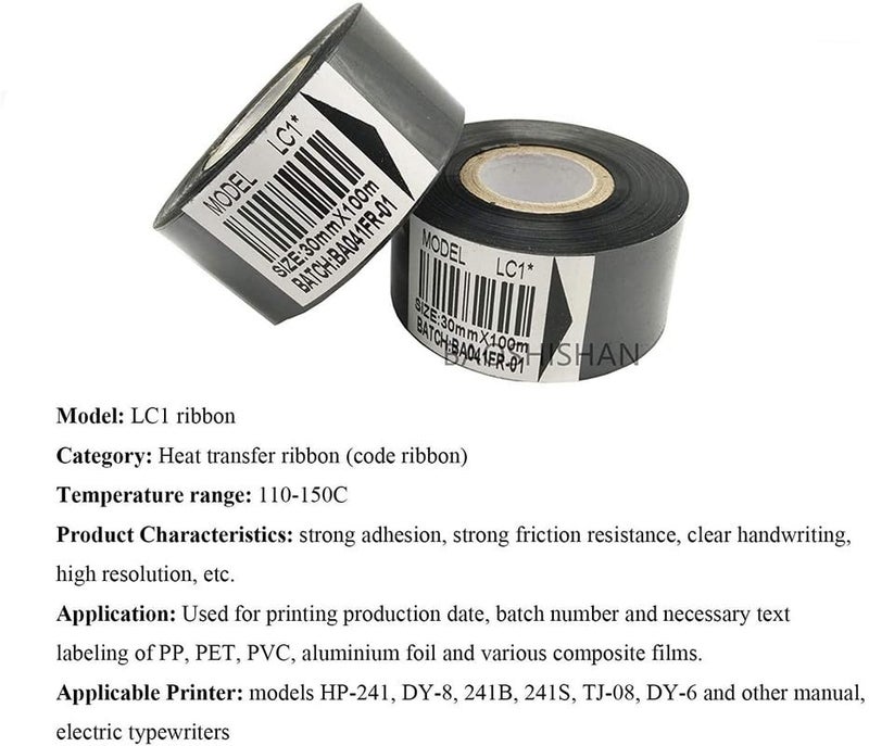 True-Ally 25 لفة شريط الطباعة الساخنة نقل حراري 30 مم × 100 م لآلة ترميز التاريخ الطابعة الساخنة 241 241B 241S TJ-08 DY-8 DY-6 (أسود) - Image 2