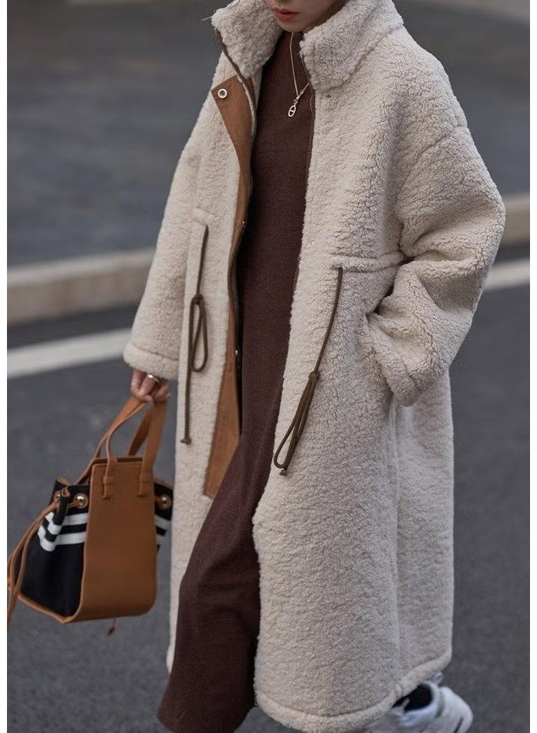 Barbora Plush Waist Lace-up Winter Women's Zippered Lined Fur Jacket WS02KREM5 - Image 3