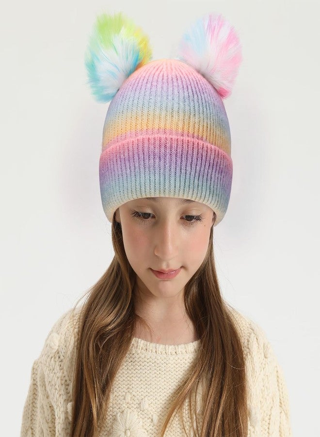 ACTLATI Kids Winter Knitted Colorful Pompom Beanie Hat Outdoor Ski Hat for Big Girl Ages 7-12 - Image 2