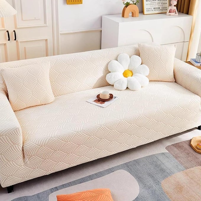 UNIVERSAL 1 SEATER JACQUARD SOFA COVER WITH 1 CUSHION COVER SOFT TOUCHING FLEXIBLE STRETCH SLIPCOVER PASTEL YELLOW LEAF TRAILSC1260190140CMS 220GSM