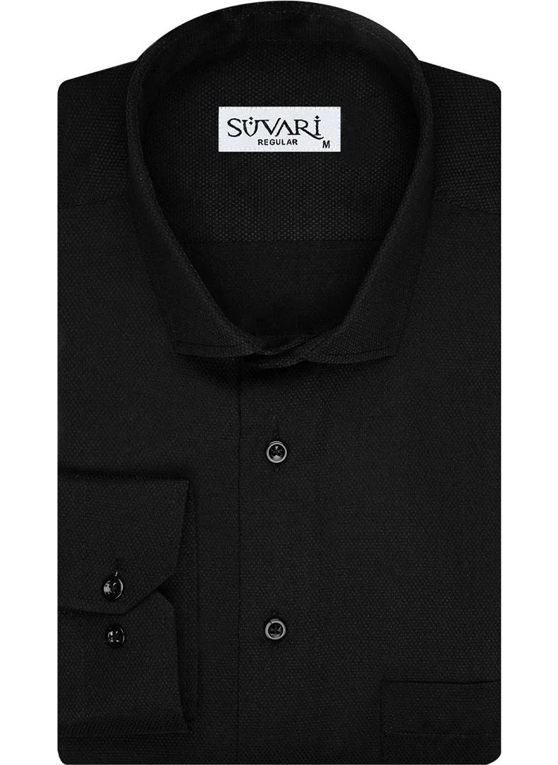 Süvari Loose Cut Dobby Long Black Shirt