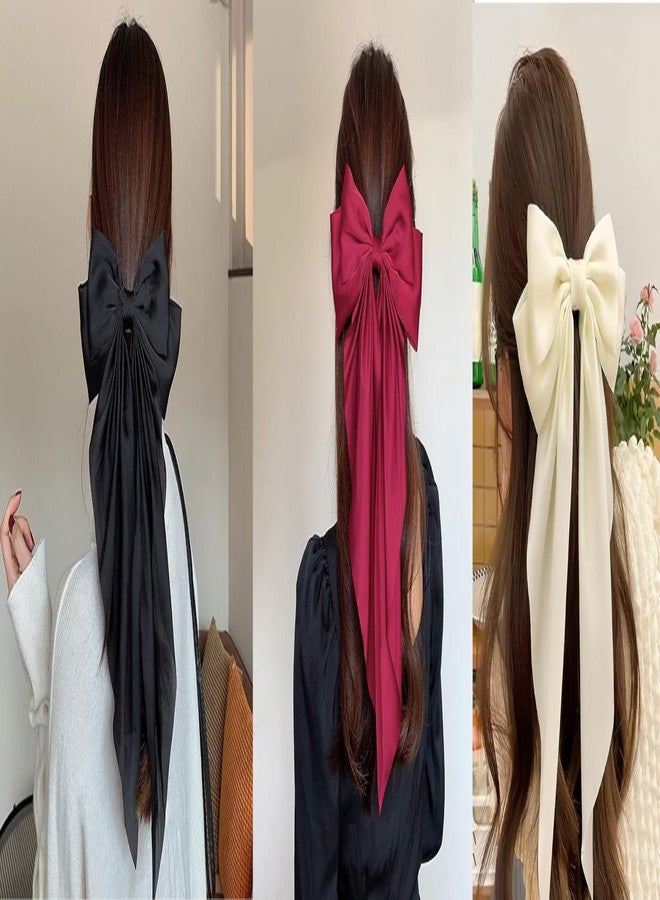 RHOSYN 3 Pcs Large Hair Bow for Women, Big Bow Hair Clips Long Tail, Silky Satin Bowknot Hairclips with Alligator Clip Aesthetic Hair Accessories Oversized Bows Hair Barrettes for Party(Black, Cream &Maroon) - Image 1