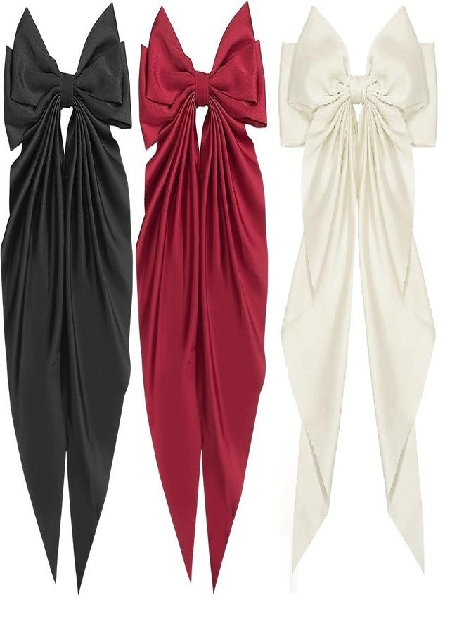 RHOSYN 3 Pcs Large Hair Bow for Women, Big Bow Hair Clips Long Tail, Silky Satin Bowknot Hairclips with Alligator Clip Aesthetic Hair Accessories Oversized Bows Hair Barrettes for Party(Black, Cream &Maroon) - Image 2