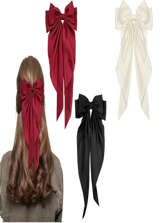 RHOSYN 3 Pcs Large Hair Bow for Women, Big Bow Hair Clips Long Tail, Silky Satin Bowknot Hairclips with Alligator Clip Aesthetic Hair Accessories Oversized Bows Hair Barrettes for Party(Black, Cream &Maroon) - Image 4