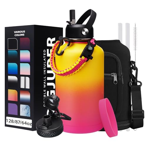 DIGJUPER 64oz Water Bottle Stainless Steel - with Paracord Handle, Straw & Auto Spout Lids, Shoulder Carrier Bag & Insulated Bottle Protective Boot, Sweat-Proof Half Gallon Metal Insulated Flask Wide-mouth - Image 1