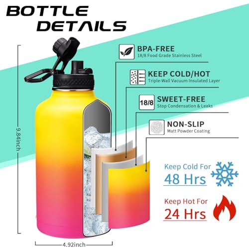 DIGJUPER 64oz Water Bottle Stainless Steel - with Paracord Handle, Straw & Auto Spout Lids, Shoulder Carrier Bag & Insulated Bottle Protective Boot, Sweat-Proof Half Gallon Metal Insulated Flask Wide-mouth - Image 4