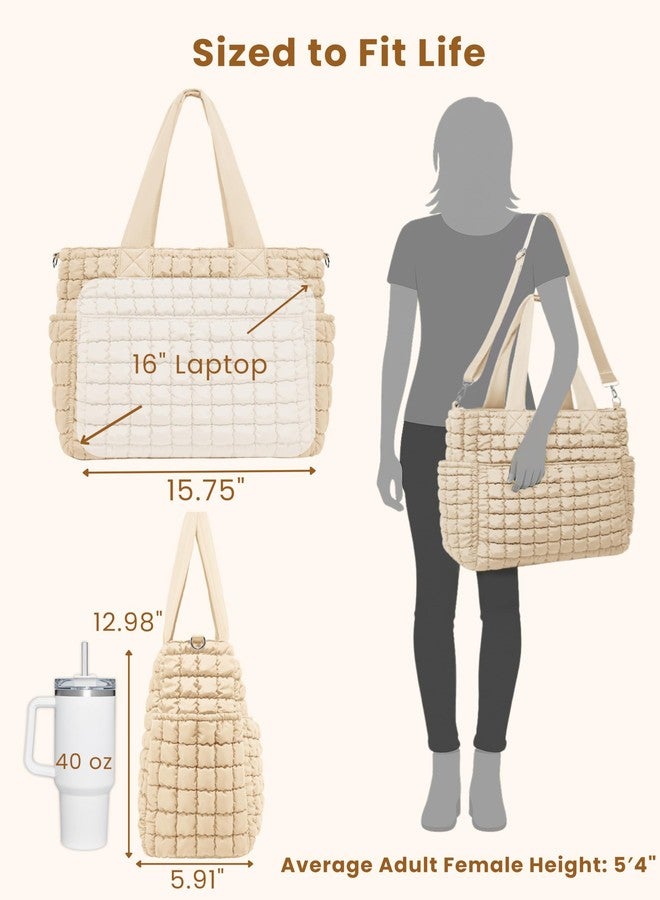 Yarnic Puffer Tote Bag for Women, Large Lightweight Tote with Zipper and 7 Pockets, Puffy Shoulder Bag for Travel, Gym, Work, Coconut Milk - Image 4