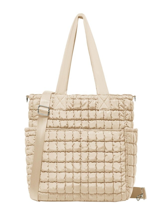 Yarnic Puffer Tote Bag for Women, Large Lightweight Tote with Zipper and 7 Pockets, Puffy Shoulder Bag for Travel, Gym, Work, Coconut Milk - Image 1