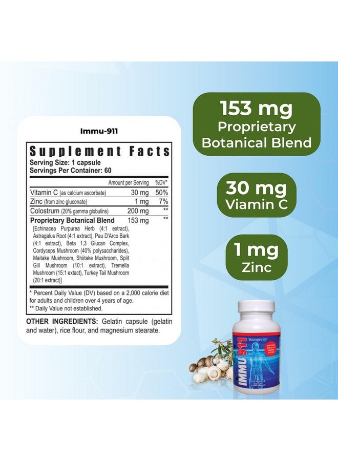 Youngevity Immu-911™ Advanced Immune - Colostrum, Vitamin C, Zinc, Echinacea, Astragalus, PAU D'Arco Bark + 6 Mycelial Mass Mushrooms for Immune Defense and Boost (60 Capsules) - Image 3