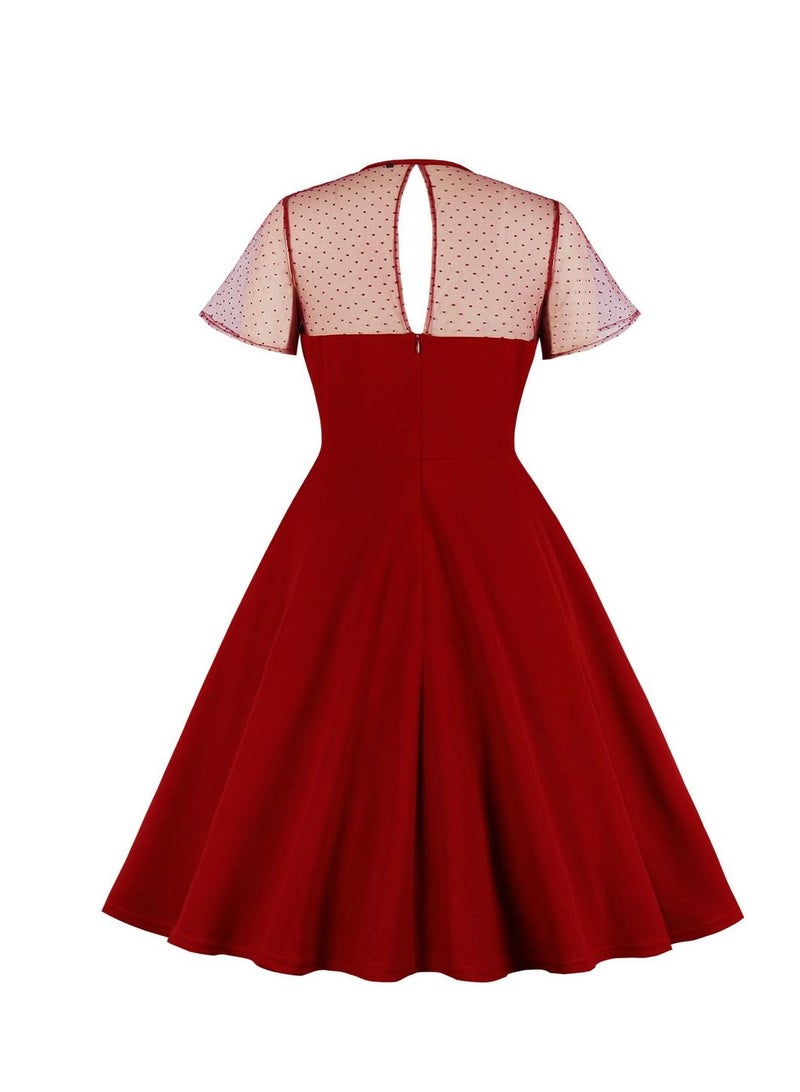 Loquat Mesh Polka Dot Patchwork Puffy Skirt Wine Red  - Image 2