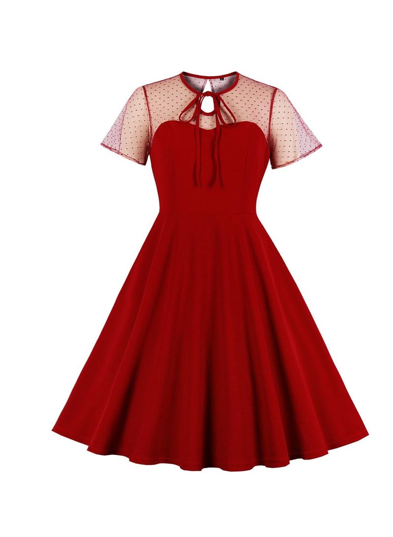 Loquat Mesh Polka Dot Patchwork Puffy Skirt Wine Red  - Image 1