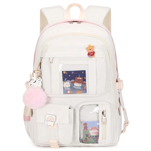 LXYGD Backpack for Girls with Accessories Laptop Bookbags 16 Inch Kawaii Kids Elementary Middle High School Bag College Travel Daypack Gifts for Teens Women Students (Off-white) - Image 1