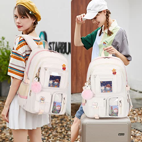 LXYGD Backpack for Girls with Accessories Laptop Bookbags 16 Inch Kawaii Kids Elementary Middle High School Bag College Travel Daypack Gifts for Teens Women Students (Off-white) - Image 2