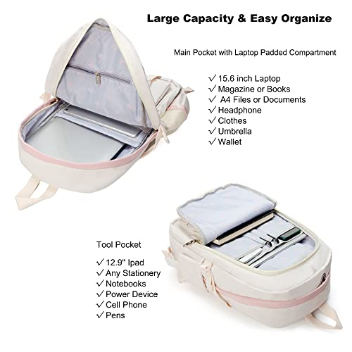 LXYGD Backpack for Girls with Accessories Laptop Bookbags 16 Inch Kawaii Kids Elementary Middle High School Bag College Travel Daypack Gifts for Teens Women Students (Off-white) - Image 3