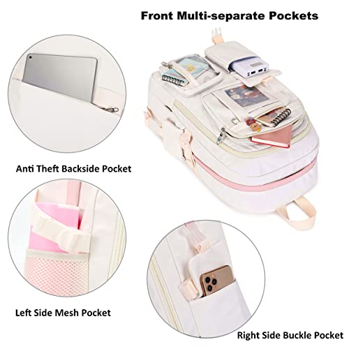 LXYGD Backpack for Girls with Accessories Laptop Bookbags 16 Inch Kawaii Kids Elementary Middle High School Bag College Travel Daypack Gifts for Teens Women Students (Off-white) - Image 4