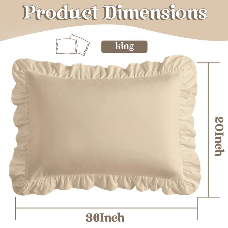 Kkjiaf Ruffle Pillow Cases King Size Set Of 2  Ruffled Pillow Covers With Envelope Closure  Wrinkle Resistant Pillowcases 20"" X 36""  Ruffled Pillow Shams  Khaki - Image 2