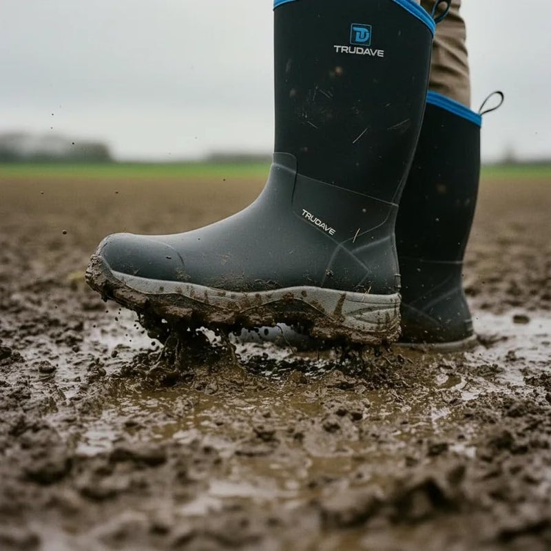 Trudave Rubber Boots for Men with Steel Shank, Waterproof Mid Calf Mens Rain Boots, 5.5mm Neoprene Insulated Mud Work Boots for Garden, Size 6-13 (Black) - Image 2