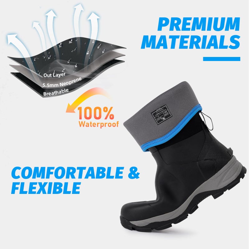 Trudave Rubber Boots for Men with Steel Shank, Waterproof Mid Calf Mens Rain Boots, 5.5mm Neoprene Insulated Mud Work Boots for Garden, Size 6-13 (Black) - Image 5