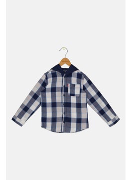 Toddlers Boy Hooded Plaid Flannel Shirt, Navy Blue Combo