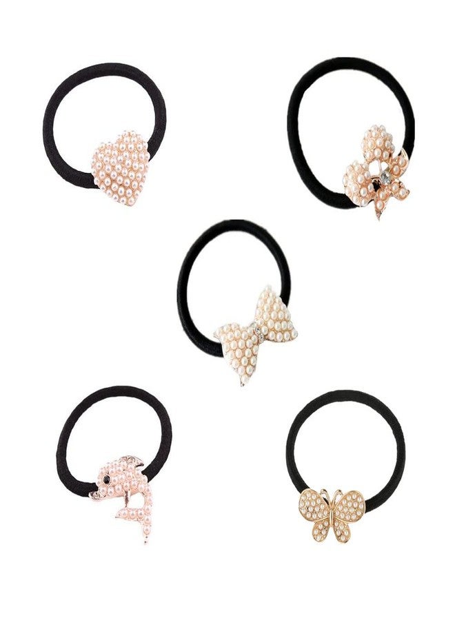Lovef Beautiful Full Pearl with Crystal Rhinstone Flower Bow Fish Butterfly Design for Baby Children Girl Women Hair Accessories Elastic Tie Ponytail Holders Princess Hair Rope Rubber Bands(5Pcs) - Image 1