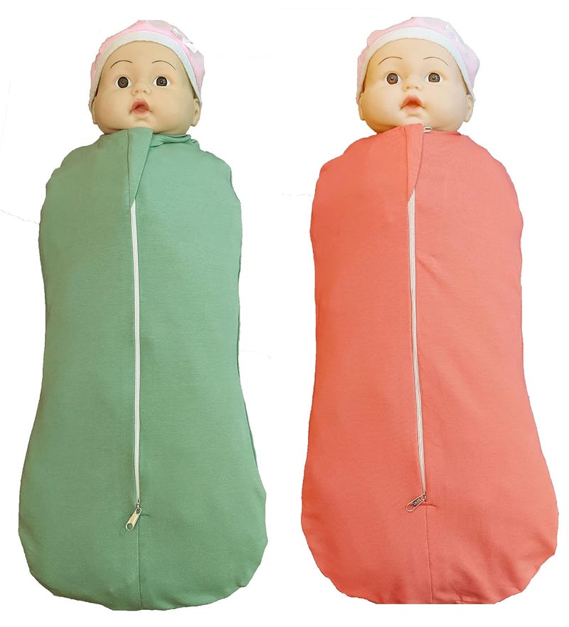 MammaChamp Infant Sleeping Bag a nd SackPodZipper SwaddleWrapBlanketsfor New Born Baby GreenPeach PK2 - Image 1