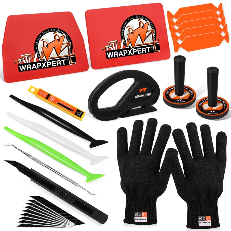 WRAPXPERT Vinyl Wrap Tool KitCar Wrap Kit Include Vinyl Wrap Gloves MagnetsUtility Knife with BladesWrapping Paper CutterFelt Squeegee Corner Squeegee Window Tint Tools
