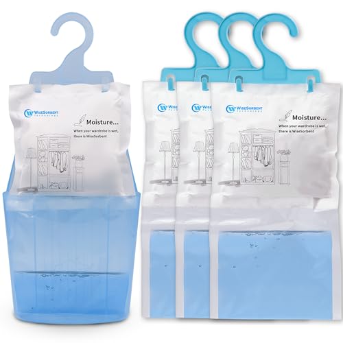 Wisesorb Moisture Absorber Packets with Plastic Case & Hook, Odor Eliminator, Leak Proof, Fragrance Free, Humidity Packs, Hanging Closet Dehumidifier Bags, Moisture Absorber (4 Packs) - Image 1