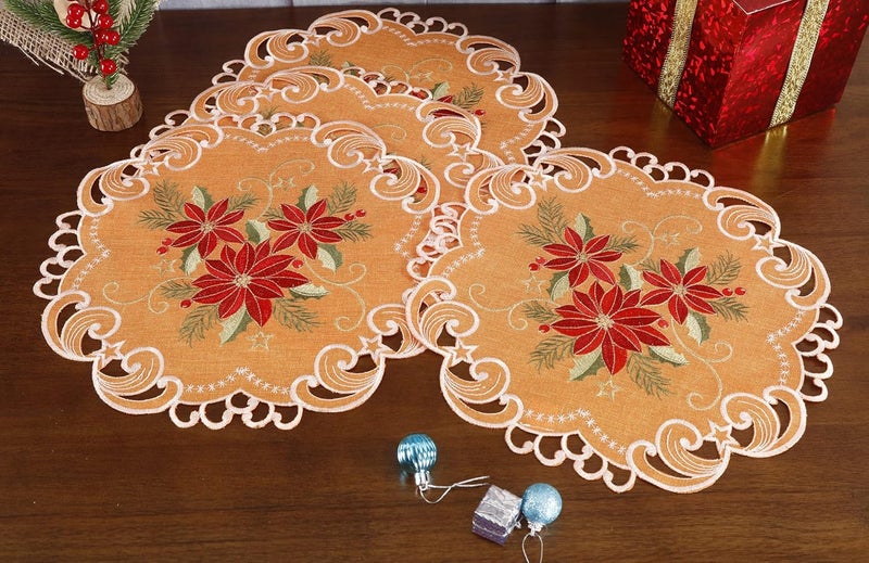 GRANDDECO طقم مفارش طاولة GRANDDECO لعيد الميلاد من 4 قطع دائرية 14 بوصة قابلة للغسل مزينة بنقوش بونسيتيا حمراء لمناسبات عيد الميلاد في المنزل والمطبخ باللون البرتقالي - Image 3