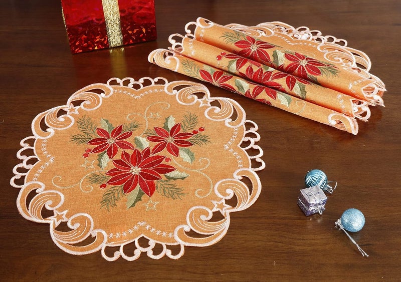 GRANDDECO طقم مفارش طاولة GRANDDECO لعيد الميلاد من 4 قطع دائرية 14 بوصة قابلة للغسل مزينة بنقوش بونسيتيا حمراء لمناسبات عيد الميلاد في المنزل والمطبخ باللون البرتقالي - Image 2