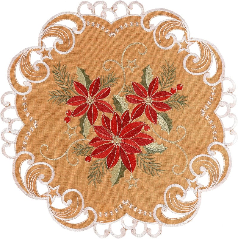 GRANDDECO طقم مفارش طاولة GRANDDECO لعيد الميلاد من 4 قطع دائرية 14 بوصة قابلة للغسل مزينة بنقوش بونسيتيا حمراء لمناسبات عيد الميلاد في المنزل والمطبخ باللون البرتقالي - Image 1