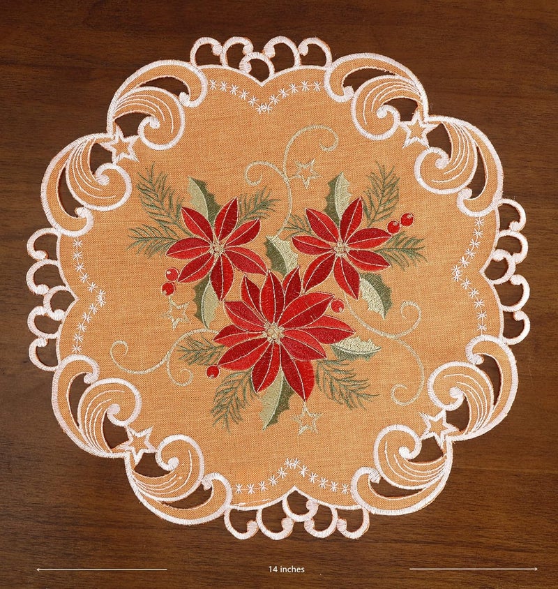 GRANDDECO طقم مفارش طاولة GRANDDECO لعيد الميلاد من 4 قطع دائرية 14 بوصة قابلة للغسل مزينة بنقوش بونسيتيا حمراء لمناسبات عيد الميلاد في المنزل والمطبخ باللون البرتقالي - Image 5