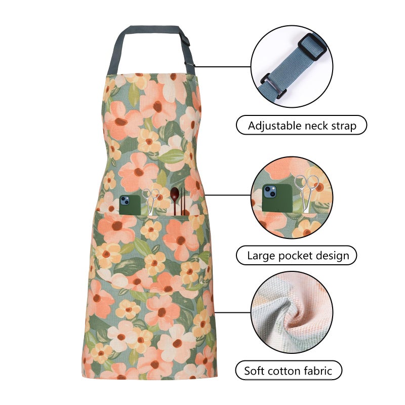 ARBINSON 2 Pack Floral Apron for Women with Pockets  Adjustable Cotton Chef Aprons for Kitchen  Cooking  BBQ & Grill (Golden/Begonia) - Image 2