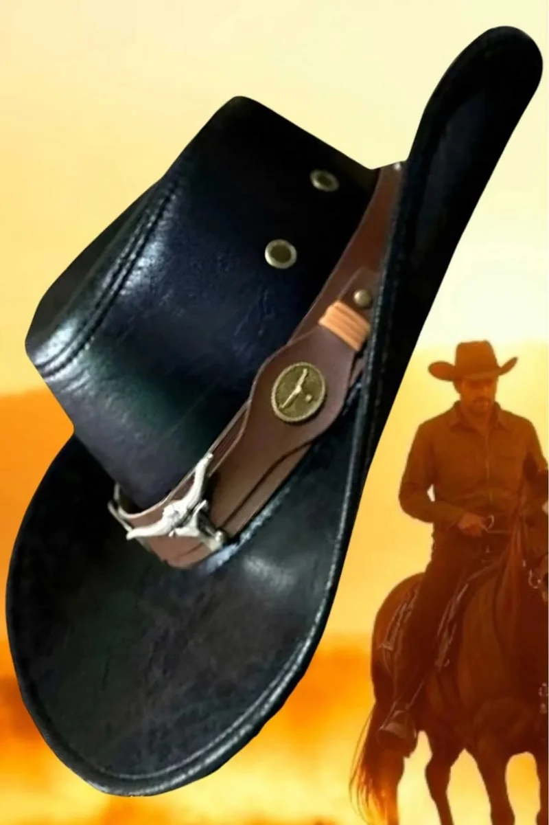 Tezzgelsin Unisex Vegan Leather Buckled Cowboy Hat