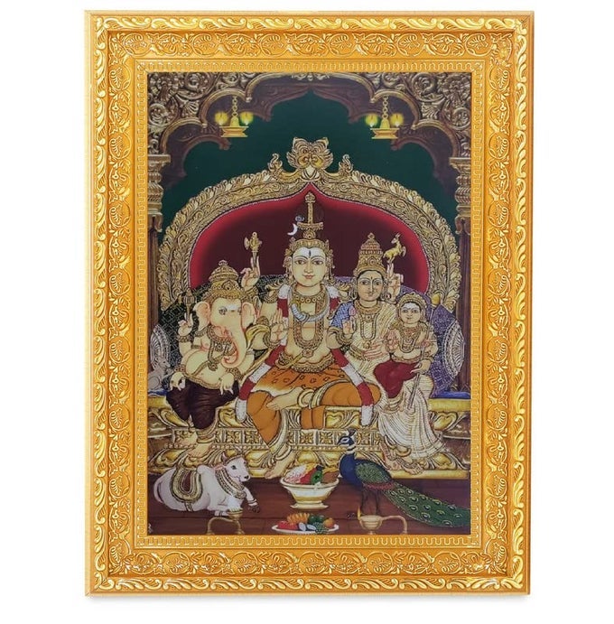 Shiv Parvati Parivar Vintage Collection Beautiful Digital Print Photo In Golden Frame 1150 x 1350 Inches OR 2921 X 3429 Cms Housewarming Gifting