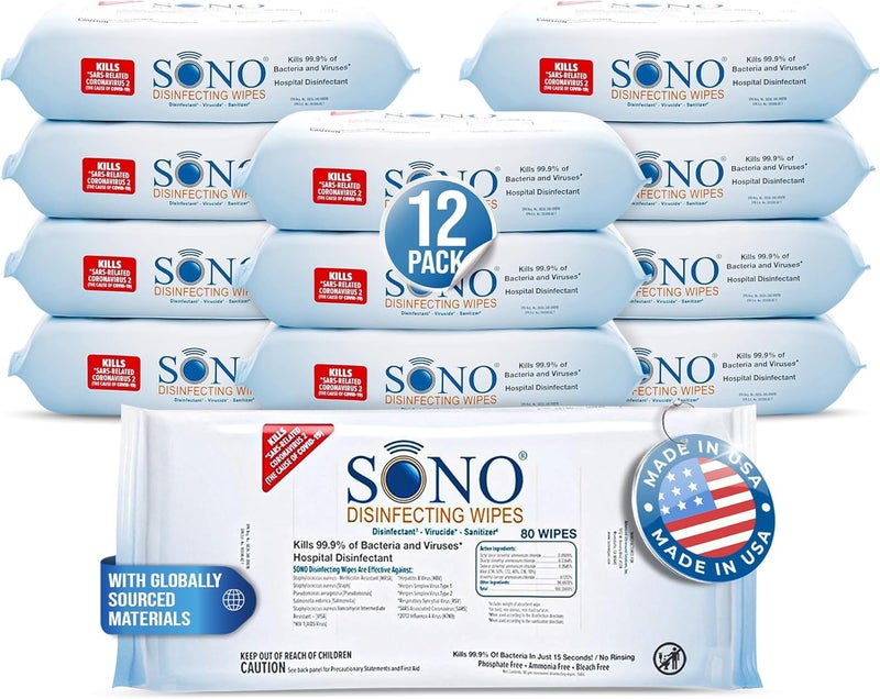SONO Disinfecting Wipes - Medical-Grade, Alcohol-Free, No Bleach - Multi-Surface Cleaning Wipes for Home, School, Office - 12 packs with 80 wipes - Image 1