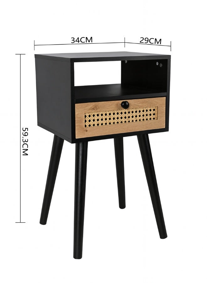 أولييرو طاولة جانبية من راتان مع درج واحد ومساحة تخزين مفتوحة – نايت ستاند أسود لغرفة النوم، غرفة المعيشة، المكتب أو المنزل، 34 × 29 × 60 سم - Image 3