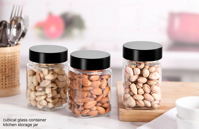 Brezzycloud Cubical Square 300ml Transparent Glass Jars & Containers for Kitchen, Cube Storage Glass Jar, 300 ml Each, Transparent Glass Jat with Black Color Plastic Airtight Lid (Set Of 6) - Image 2