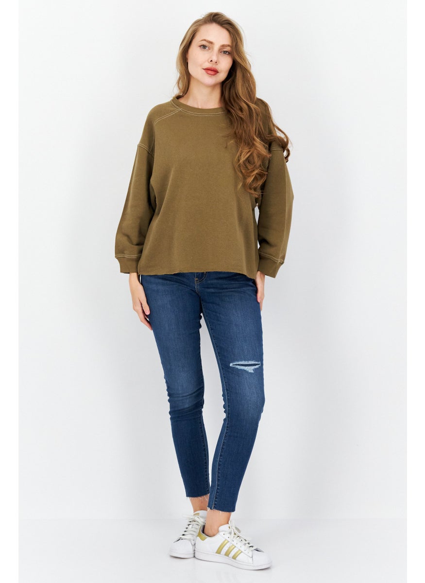 Sage Collective Women Crew Neck 3/4 Sleeves Solid Sweatshirt, Olive  - Image 3
