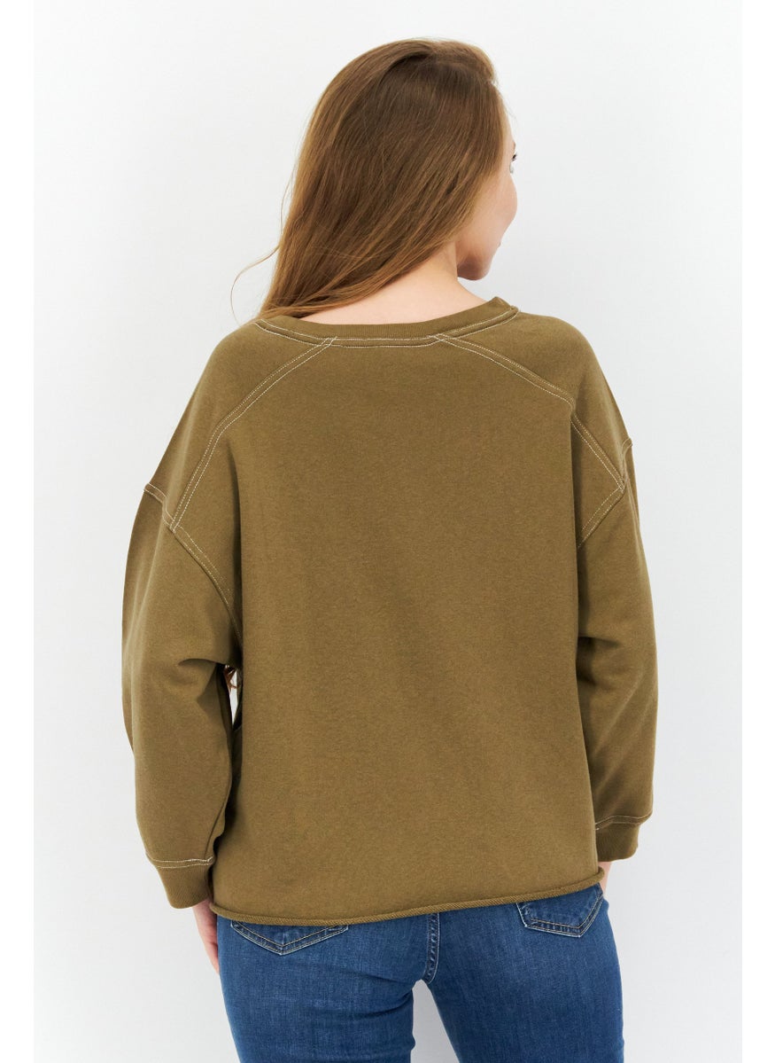 Sage Collective Women Crew Neck 3/4 Sleeves Solid Sweatshirt, Olive  - Image 2