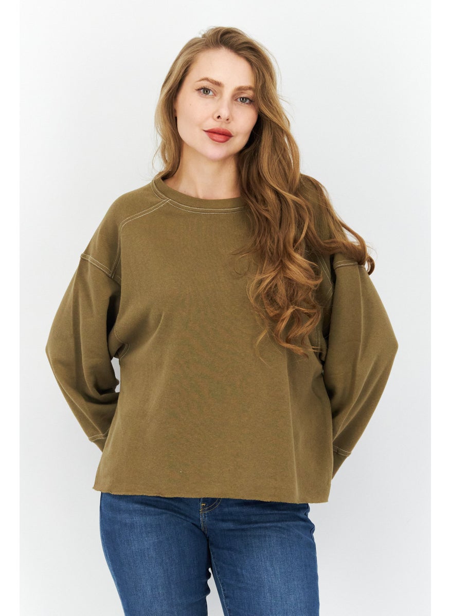 Sage Collective Women Crew Neck 3/4 Sleeves Solid Sweatshirt, Olive  - Image 1